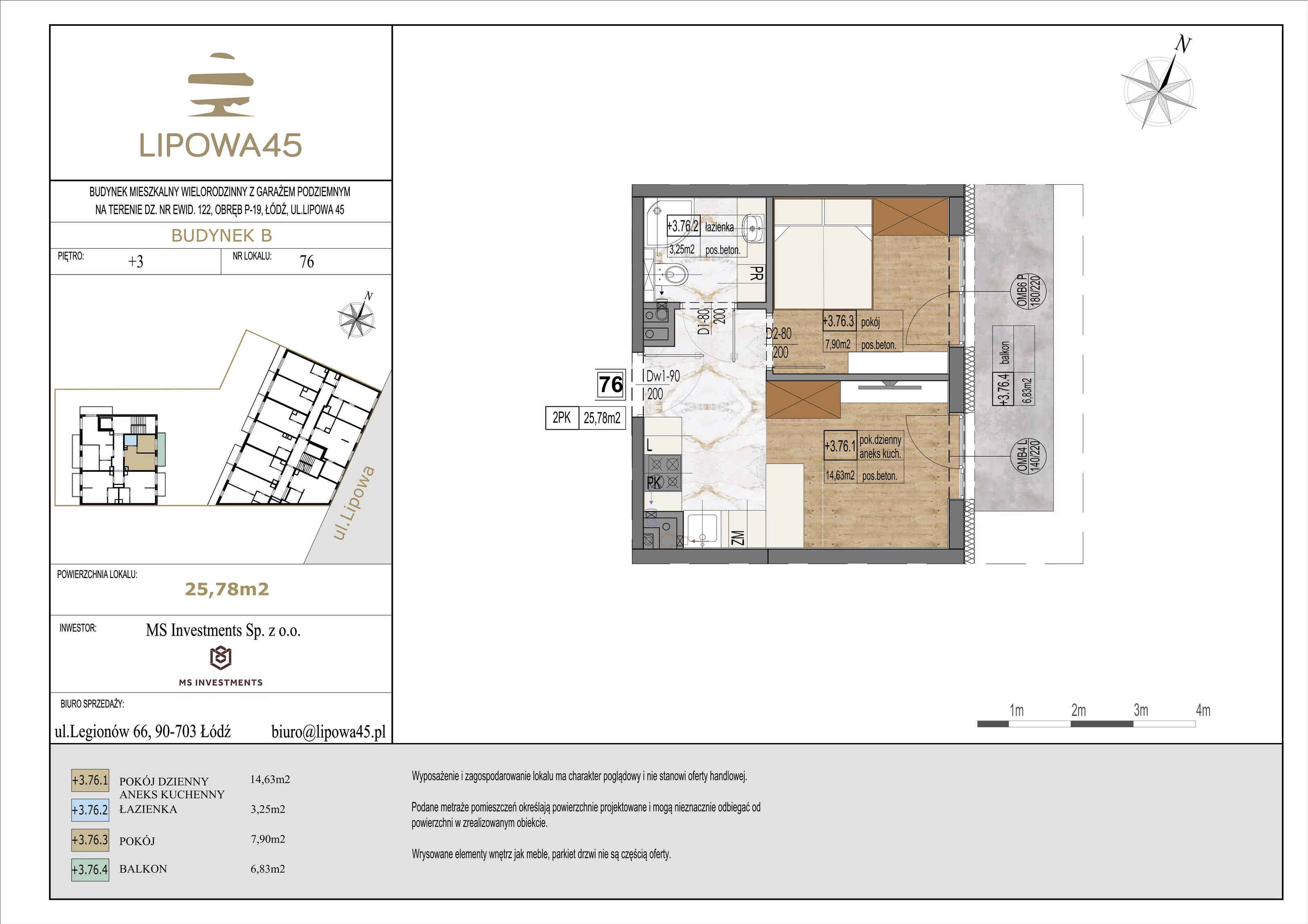2 pokoje, mieszkanie 25,78 m², piętro 3, oferta nr 76, Lipowa 45, Łódź, Polesie, ul. Lipowa 45